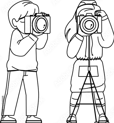 kid photographer vector. child camera, photography baby, boy family, photograph girl, little retro kid photographer character. people black line illustration