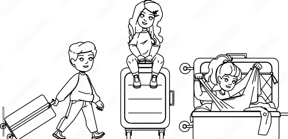 Fototapeta premium kid suitcase vector. child travel, dream happy, girl boy, fun pilot, aviator childhood kid suitcase character. people black line illustration