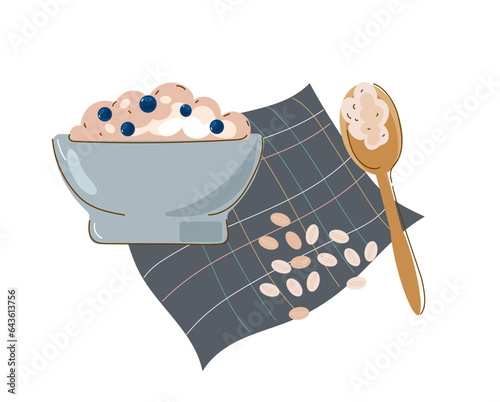 Set Oatmeal Breakfast ,oat bowls. Cartoon doodle porridge with strawberries and bananas, boiled cereals and healthy food. Vector illustration.