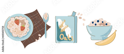 Set Oatmeal Breakfast ,oat bowls. Cartoon doodle porridge with strawberries and bananas, boiled cereals and healthy food. Vector illustration.