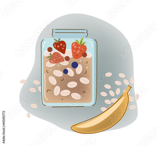 Oatmeal Breakfast ,oatmeal smoothie with strawberries and bananas, boiled cereals and healthy food. Vector illustration.