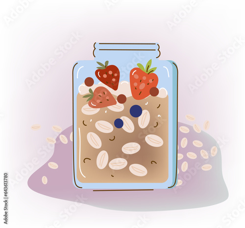 Oatmeal Breakfast ,oatmeal smoothie with strawberries and bananas, boiled cereals and healthy food. Vector illustration.