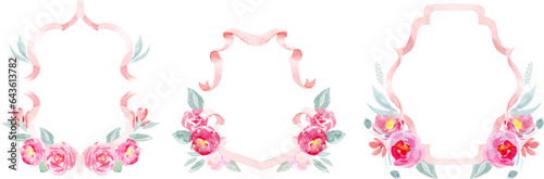 Watercolor vector pink rose, green leaves, crest and ribbons. Wedding frames with flowers and ribbons. Floral poster, invite. Vector arrangements for greeting card baby shower