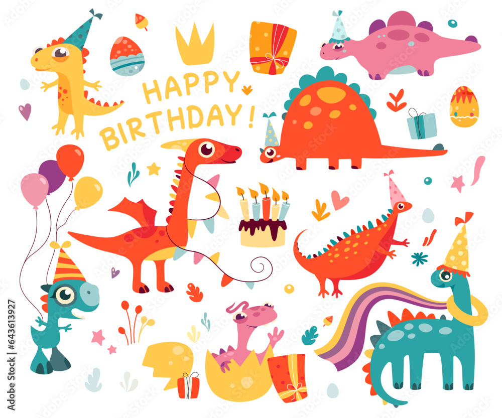 Fototapeta premium Funny birthday party prehistoric dinosaurs character set for greeting cards cartoon design