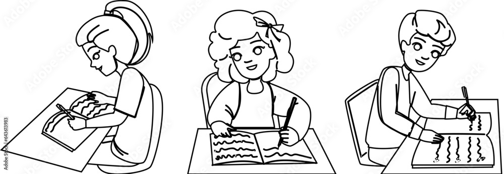 kid writing vector. child education, book student, study write, happy young, girl little kid writing character. people black line illustration