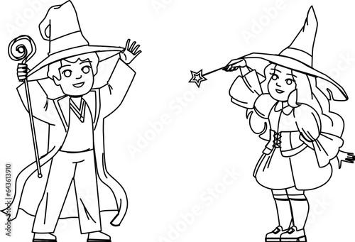 kid wizard vector. magic child, magician wand, hat fantasy, costume show, young happy kid wizard character. people black line illustration
