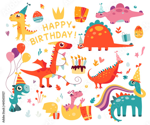 Funny birthday party prehistoric dinosaurs character set for greeting cards cartoon design © Mykola Syvak