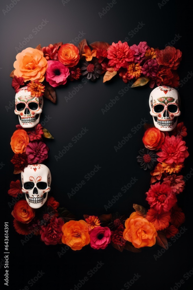 Background for skull, Day of Dead theme,  with flowers and copy space, Santa Muerte