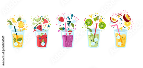 Plastic glass with fruits and berry mix juice cocktail for summer refreshment isolated set