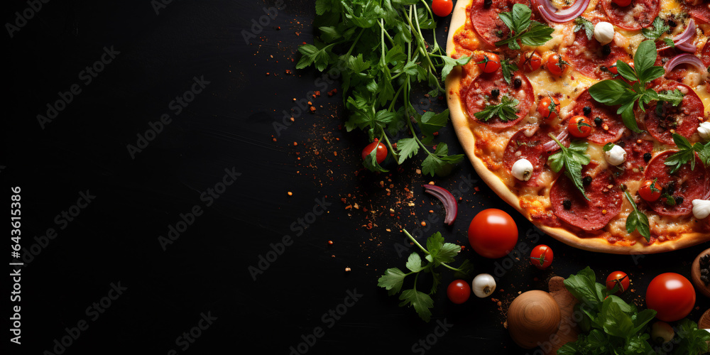 Pizza featuring tomatoes, cheese, and sauce on a sleek black stone backdrop.