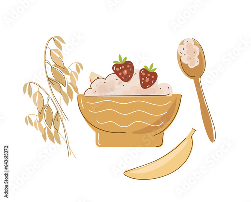 Set Oatmeal Breakfast ,oat bowls. Cartoon doodle porridge with strawberries and bananas, boiled cereals and healthy food. Vector illustration.