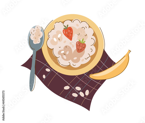 Set Oatmeal Breakfast ,oat bowls. Cartoon doodle porridge with strawberries and bananas, boiled cereals and healthy food. Vector illustration.