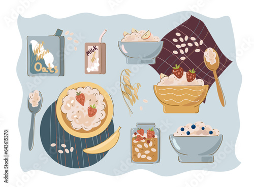 Set Oatmeal Breakfast ,oat bowls. Cartoon doodle porridge with strawberries and bananas, boiled cereals and healthy food. Vector illustration.