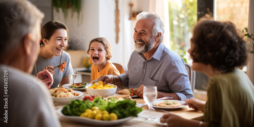 Happy multi-generation family gathering around the dining table and having fun during lunch.