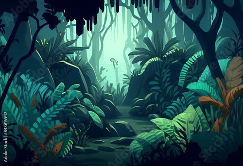 Mountain forest jungle trees cartoon background generative ai