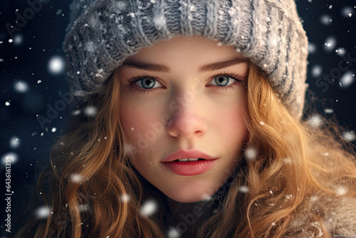 portrait of a woman in winter, close up