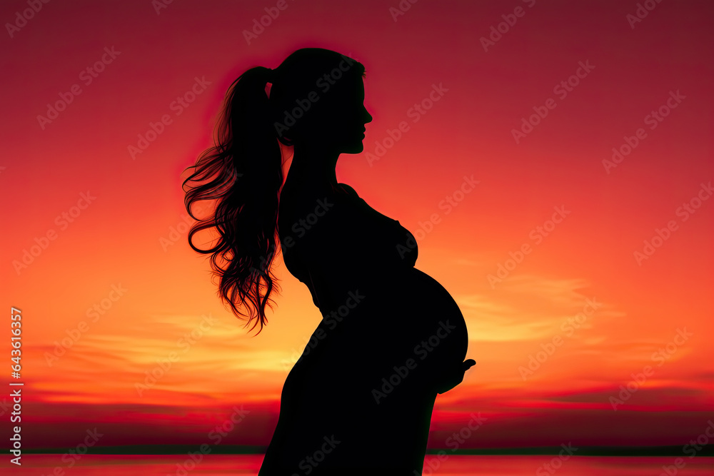 Silhouette of a pregnant woman  against a colourful sunset