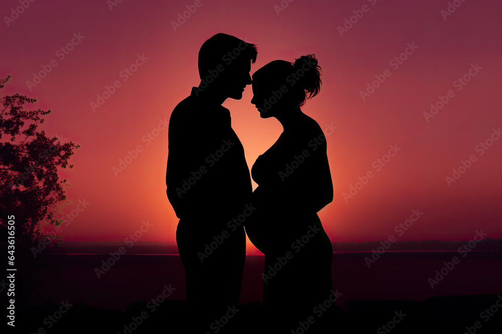 Silhouette of a pregnant woman and  man, couple sharing a kiss against a colourful sunset