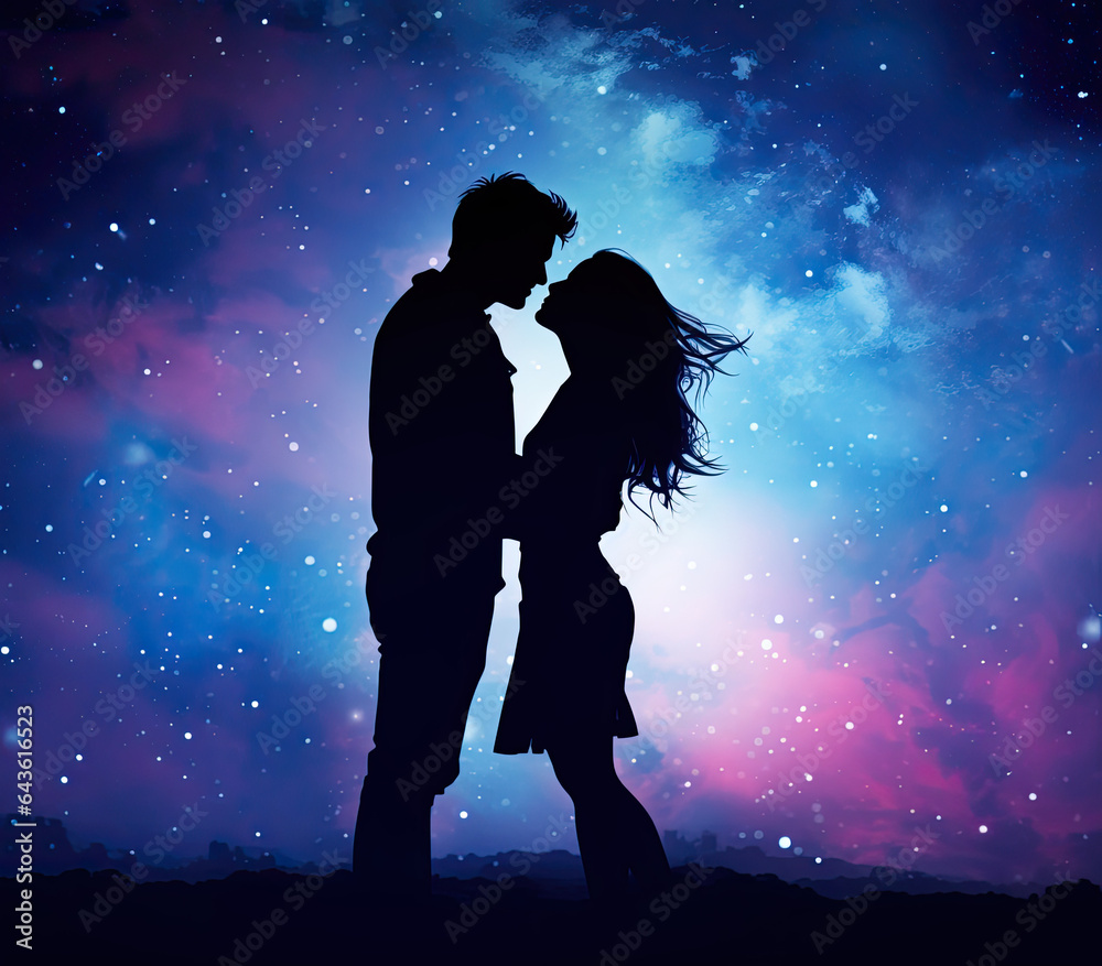 Silhouette of a couple sharing a kiss against a starry night 