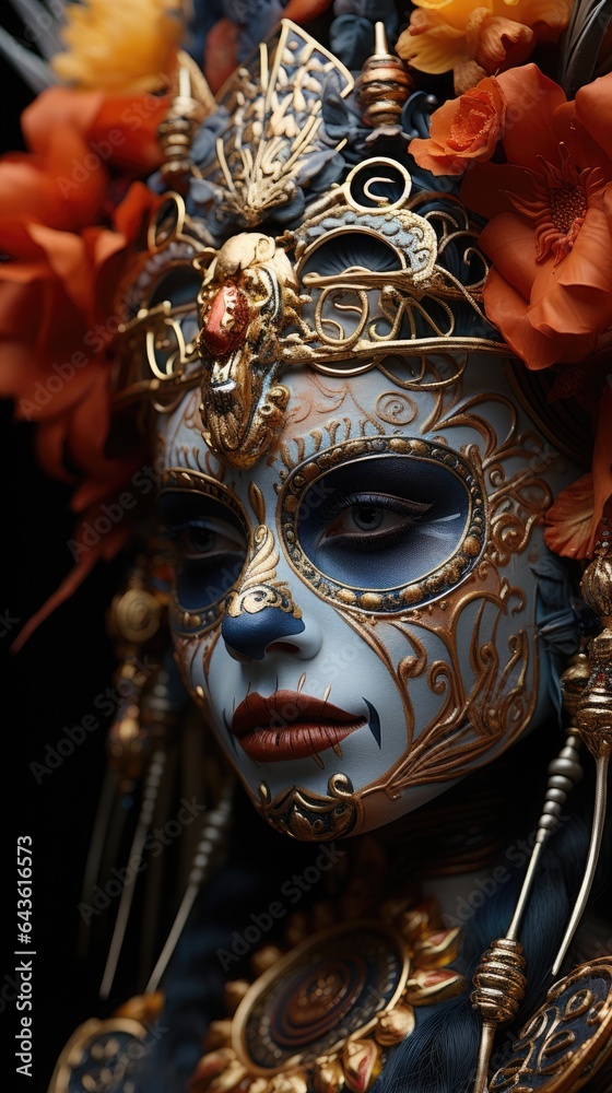 A very pretty girl with skull makeup for the day of all the dead. Mexican national holiday. AI image for screensaver on smartphone