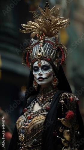 A very pretty girl with skull makeup for the day of all the dead. Mexican national holiday. AI image for screensaver on smartphone