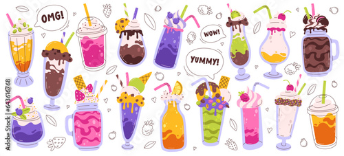 Sweet milkshakes cocktails fresh summer smoothie beverage, lemonade, milkshake and juice set