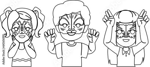paint face painting vector. artistic makeup, art girl, childhood festival paint face painting character. people black line illustration