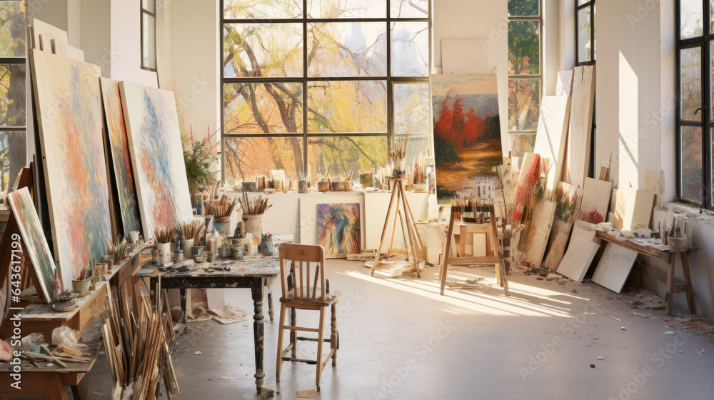 The interior of an atelier bathed in sunlight, adorned with scattered brushes and canvases, a haven for painters and artists on a sunny afternoon. - obrazy, fototapety, plakaty 