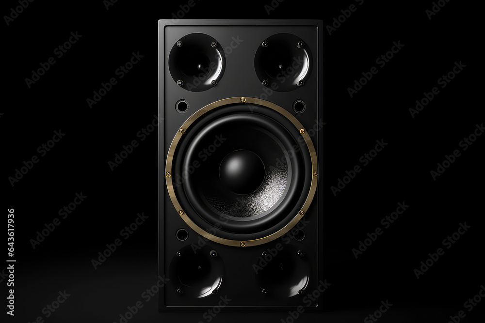 Black music speaker on flat gray background of studio with copy space. 3d render illustration style. Black music speaker on flat gray background of studio with copy space. 3d render illustration style.