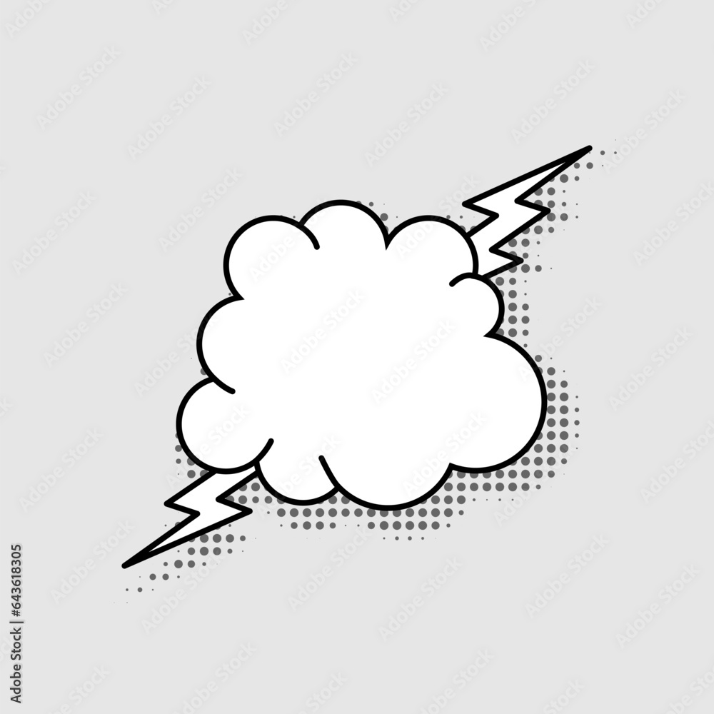 Speech bubble in the form of a cloud with a lightning bolt isolated on a gray background. Template for comics, cartoon, web design.