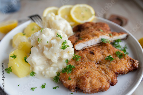 Cooked cauliflower with bechamel sauce, breaded pork schnitzel and potatoes on a plate