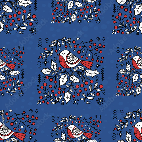 Christmas folk art seamless pattern. Cute bird on holly branch on blue background. Vector illustration. Xmas folk repetitive design in style colored linear hand drawing.