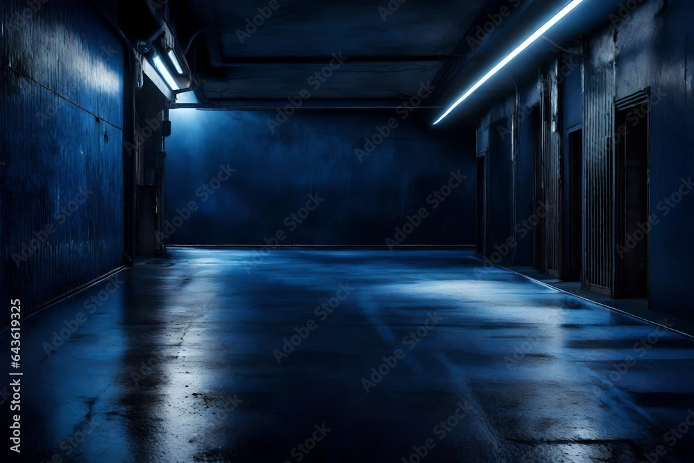 In the heart of a dark and mysterious street, an abstract dark blue background sets the stage for an eerie and empty scene. For product display
