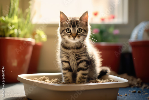 Little baby kitten in litter box at home. Creative concept of convenient pet litter trays for pets pet litter boxes. 