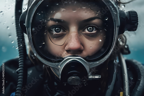 Portrait of young woman scuba diving looking at camera, face closeup.