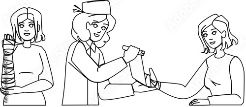 bandage hand vector. injury wound, hurt accident, patient care, fracture trauma, clinic injured bandage hand character. people black line illustration