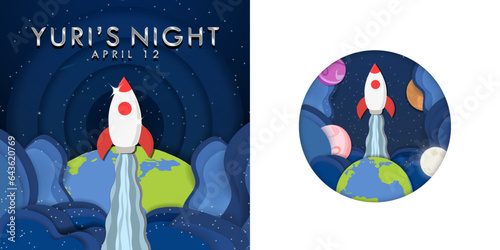 Set of Yuri's Night Greeting Card Poster and rocket emblem. Yuri's Night Paper cutout poster style of space shuttle launched in outer space. Vector Illustration. 