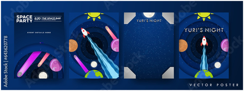 Yuri's Night Space Party Poster and event flier templates with copy space. Outer space origami paper cutout concept. Paper art of planets, moon, earth, and spaceship. Editable Vector Illustration. 