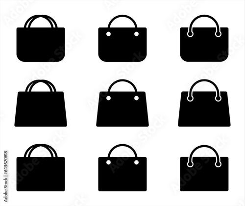 Shopping bag icon set of nine. Ecommerce design elements. Shopping & E-commerce icons set. Online shopping icons. E-commerce symbols collection. Eco friendly paper bag set.