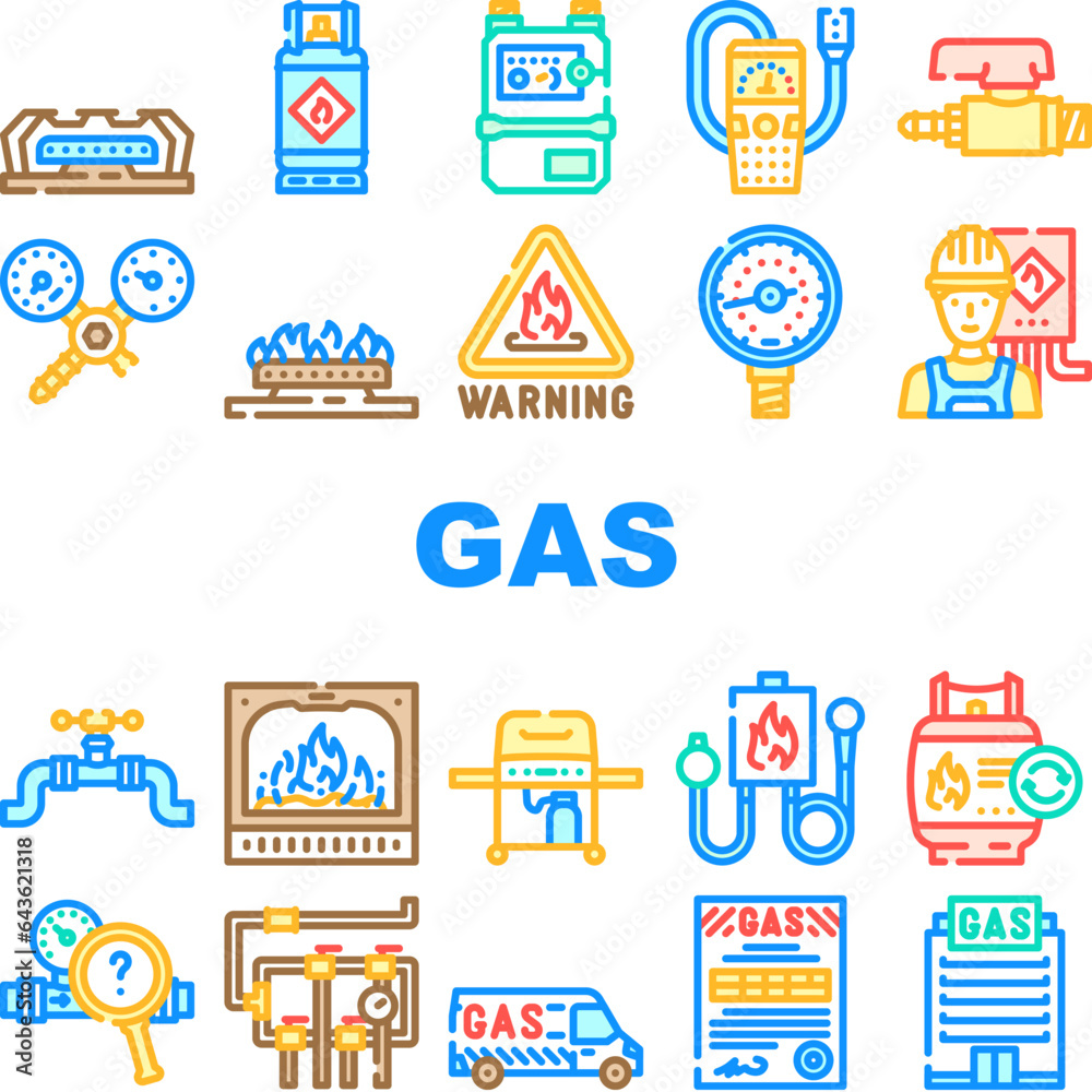 gas energy oil power pipeline icons set vector. blue fuel, industry pipe, plant station, flame petrol, refinery production, stove gas energy oil power pipeline color line illustrations