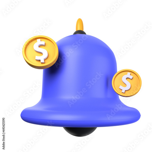 Payment Notification of 3d illustration. blue bell, dollar coin. payment transaction 3D concept. 3d illustration