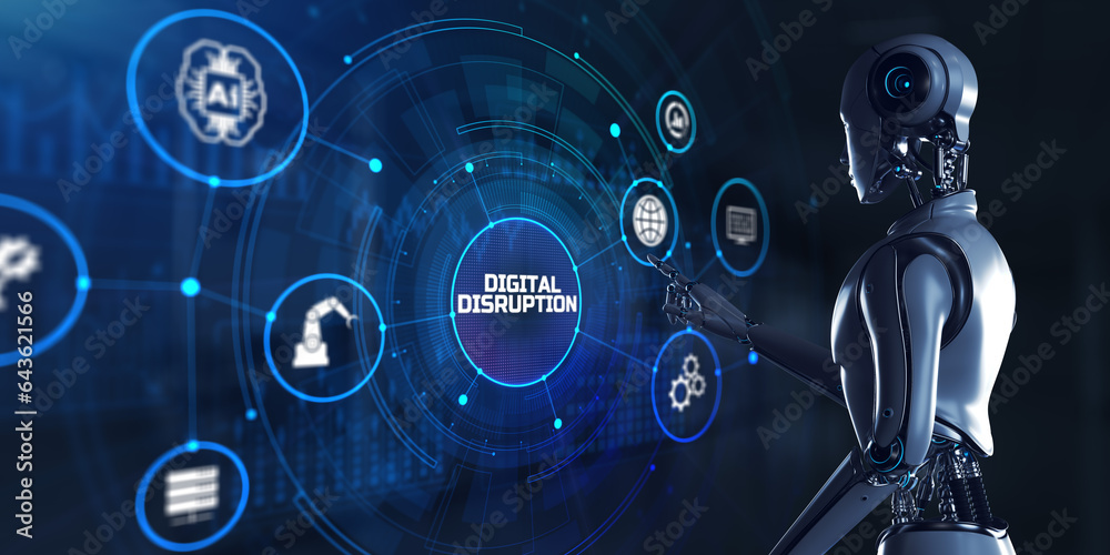 Digital disruption transformation disruptive innovation concept. Robot pressing button on screen 3d render.