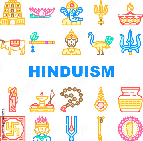hinduism hindu god om icons set vector. india krishna, sculpture indian, statue lord, vishnu religion, vedic deity hinduism hindu god om color line illustrations