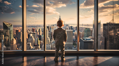 Child businessman. Chief Executive Officer. A boy in a brown suit stands with his back looking at a tall glass window in a room on a tall building, skyscraper. He sees the city from a bird's eye view. photo