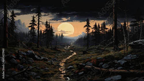 Landscape of a pine forest at sunset. Dark atmosphere. Spooky forest