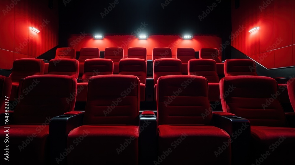 Fototapeta premium Empty cinema with red seats. Comfortable armchairs in movie theater. Rows of empty chairs.