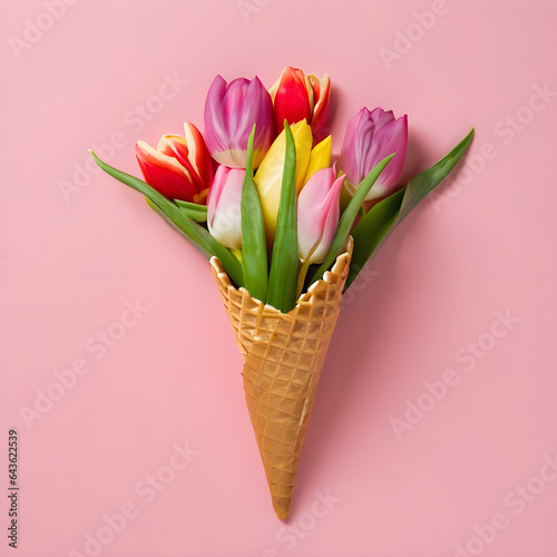 Ice cream cone with tulip flowers. Minimal spring concept. Flat lay. © Natasa
