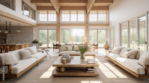 A bright and spacious modern living room interior adorned with wooden beams.