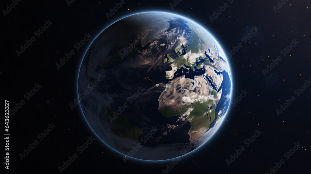 Obraz premium The Earth, a sphere cradled in the vastness of the nighttime cosmos..