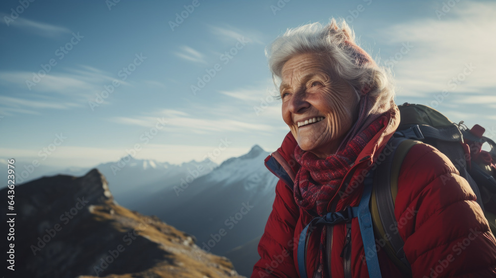 An elderly woman at the mountain summit, symbolizing success.